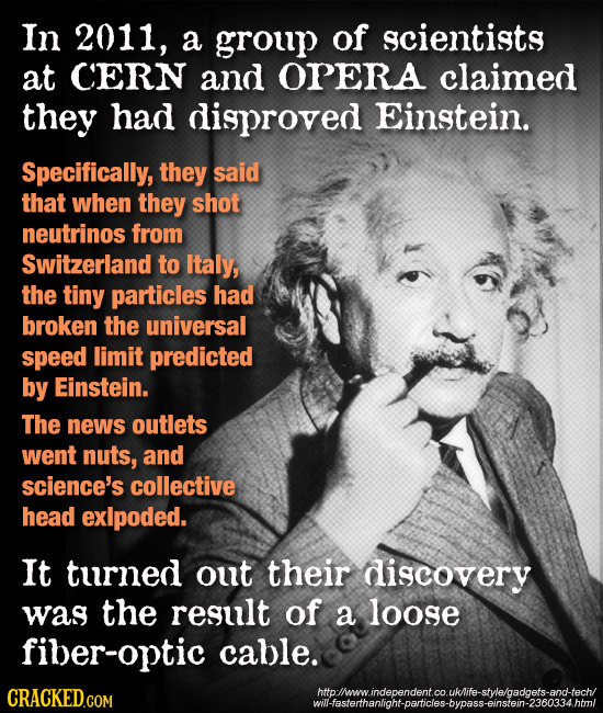 In 2011, a group of scientists at CERN and OPERA claimed they had disproved Einstein. Specifically, they said that when they shot neutrinos from Switz