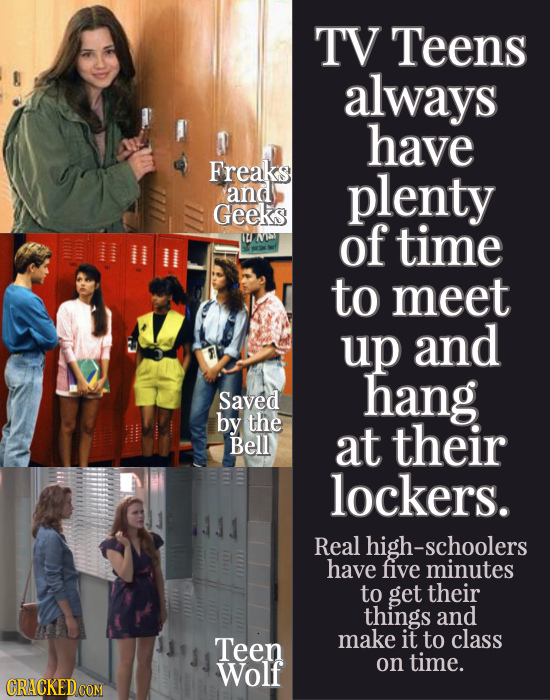 TV Teens always have Freaks and plenty Geeks U W of time to meet up and hang Saved by the Bell At their lockers. Real -schoolers have five minutes to