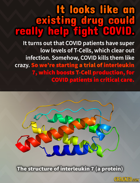 It looks like an existing drug could really help fight COVID. It turns out that COVID patients have super low levels of T-Cells, which clear out infec