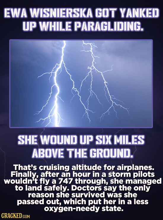 EWA WISNIERSKA GOT YANKED UP WHILE PARAGLIDING. SHE WOUND UP SIX MILES ABOVE THE GROUND. That's cruising altitude for airplanes. Finally, after an hou