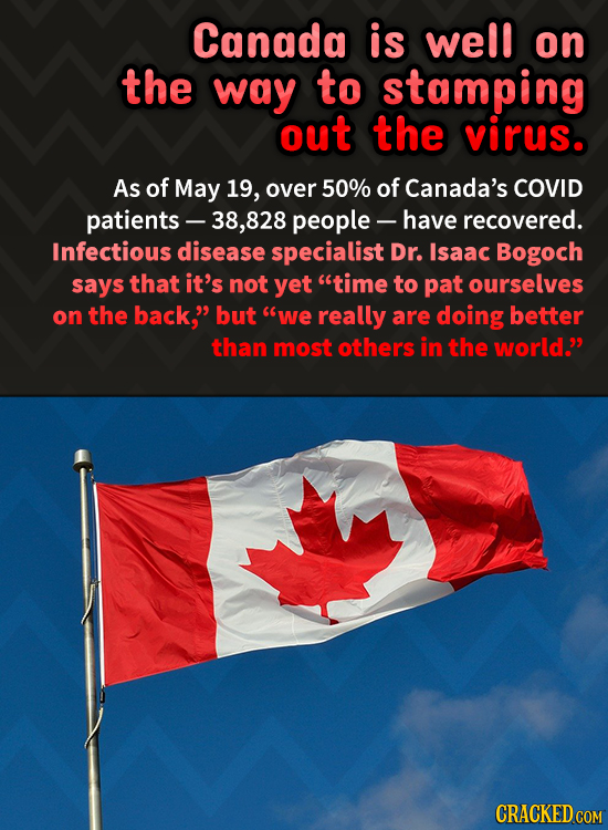 Canada is well on the way to stamping out the virus. As of May 19, over 50% of Canada's COVID patients- .828 people - have recovered. Infectious disea