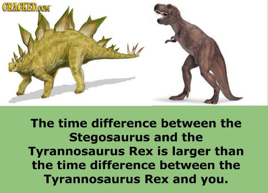 CRACKEDCON The time difference between the Stegosaurus and the Tyrannosaurus Rex is larger than the time difference between the Tyrannosaurus Rex and
