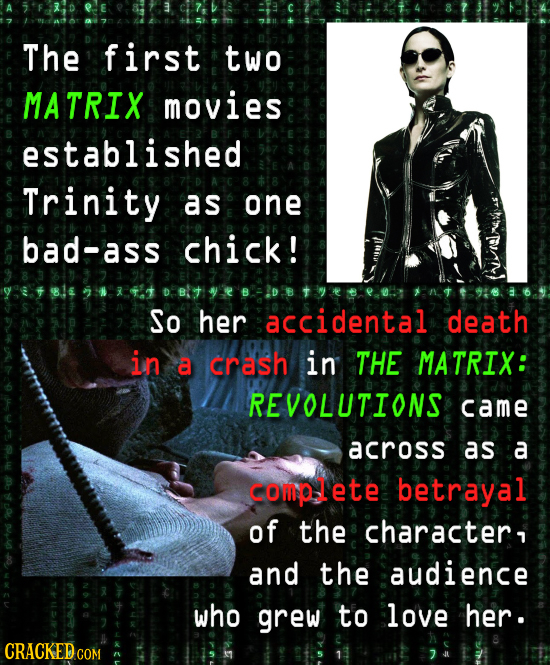 The first two MATRIX movies established Trinity as one bad-ass chick! So her accidental death in a crash in THE MATRIX: REVOLUTIONS came across as a c