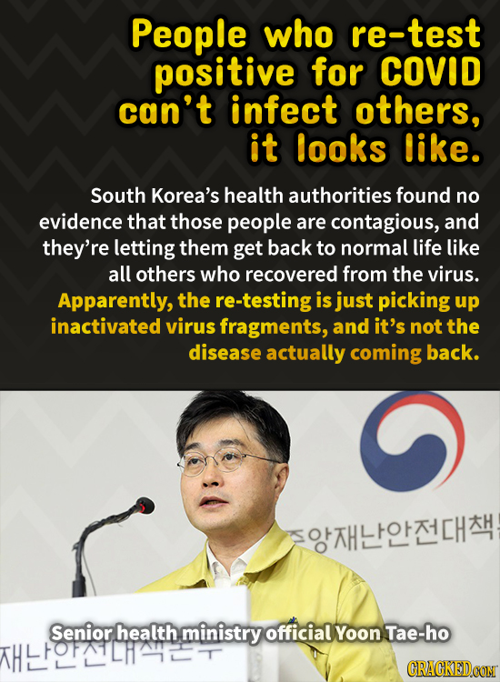 People who re-test positive for COVID can't infect others, it looks like. South Korea's health authorities found no evidence that those people are con