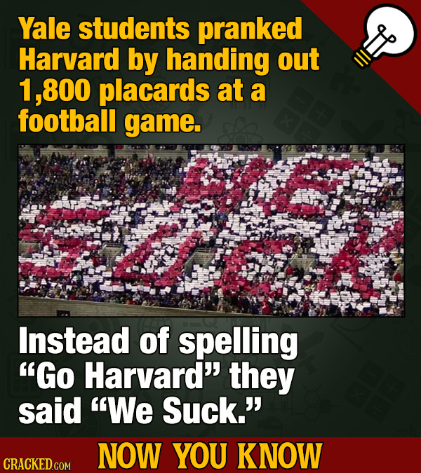 Yale students pranked Harvard by handing out 800 placards at a football game. Instead of spelling Go Harvard they said We Suck. NOW YOU KNOW