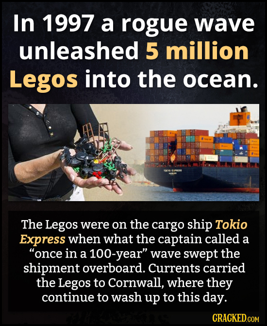 In 1997 a rogue wave unleashed 5 million Legos into the ocean. The Legos were on the cargo ship Tokio Express when what the captain called a once in