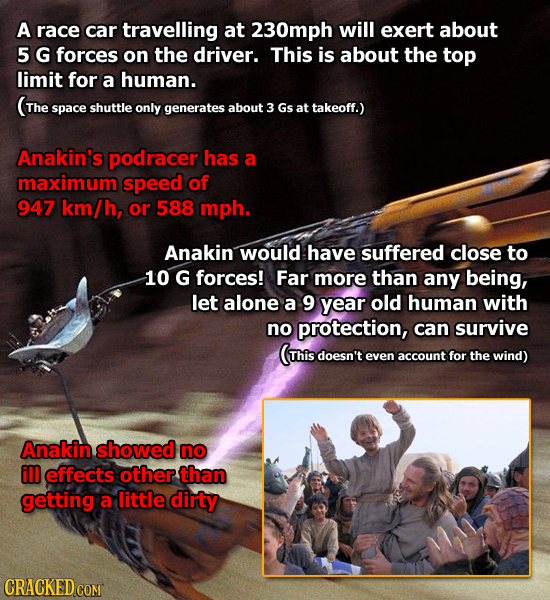 A race car travelling at 230mph will exert about 5 G forces on the driver. This is about the top limit for a human. (The space shuttle only generates