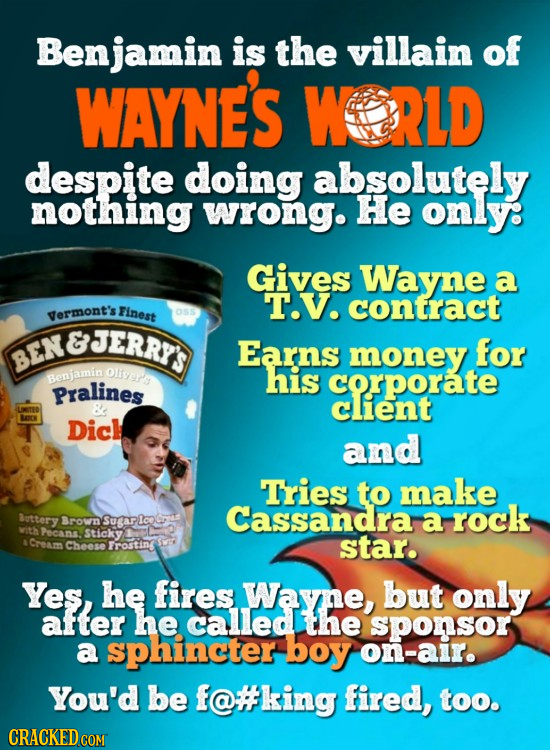 Benjamin is the villain of WAYNE'S WORLD despite doing absolutely nothing wrong. He only: Gives Wayne a T.V. Finest contract yermont's OsS ENBJERRTS E