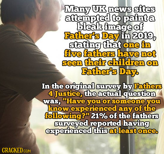 Many UK news sites attempted to paint a bleak image of Father's Day in 2019, stating that one in five fathers have not seen their children on Father's