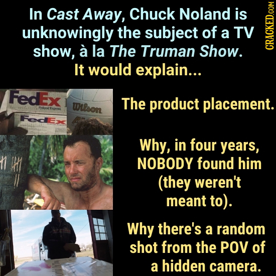 In Cast Away, Chuck Noland is unknowingly the subject of a TV show, a la The Truman Show. CRAUN It would explain... FedE Wrlson The product placement.