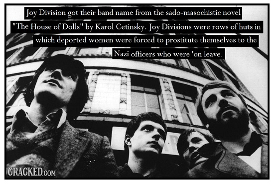 Joy Division got their band name from the sado-masochistic novel The House of Dolls by Karol Cetinsky. Joy Divisions were rows of huts in which depo