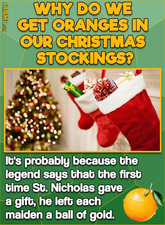 CRACKEDCON WHY DO WE GET ORANGES IN OUR CHRISTMAS STOCKINGS? lt's probably because the legend says that the first time St. Nicholas gave a gift, he le