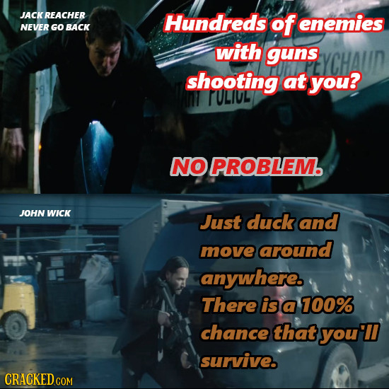 JACK REACHER Hundreds of enemies NEVER GO BACK with guns shooting at you? N TULIUL NO PROBLEM. JOHN WICK Just duck and move around anywhere. There is