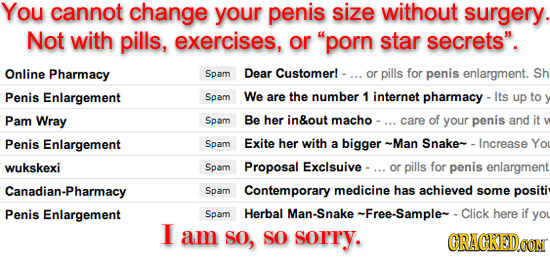 You cannot change your penis size without surgery. Not with pills, exercises, or porn star secrets. Online Pharmacy Spam Dear Customerl- or pills fo