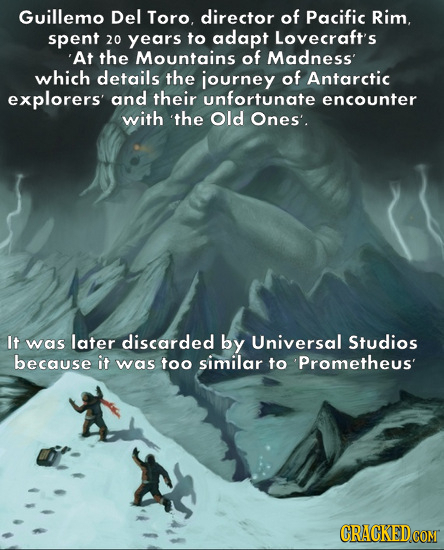 Guillemo Del Toro, director of Pacific Rim. spent 20 years to adapt Lovecraft's 'At the Mountains of Madness' which details the journey of Antarctic e