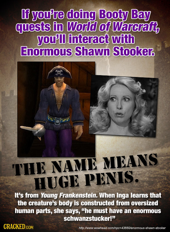 If you're doing Booty Bay quests in World of Warcraft, you'l interact with Enormous Shawn Stooker. THE NAME MEANS HUGE PENIS. It's from Young Frankens