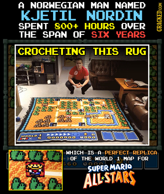 A NORWEGIAN MAN NAMED KJETIL NORDIN SPENT 800+ HOURS OVER THE SPAN OF SIX YEARS GRAth CROCHETING THIS RUG OS S ALR WORLO OO00ooo WHICH IS A PEREECT RE