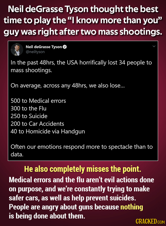 Neil deGrasse Tyson thought the best time to play the I know more than you guy was right after two mass shootings. Neil deGrasse Tyson @neiltyson In