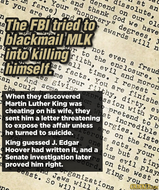 farce) and you Your depend issolute. at honorary thank an are on n and The FBItried God our to 11 a we degrees. have awards blackmail'MLK will into k