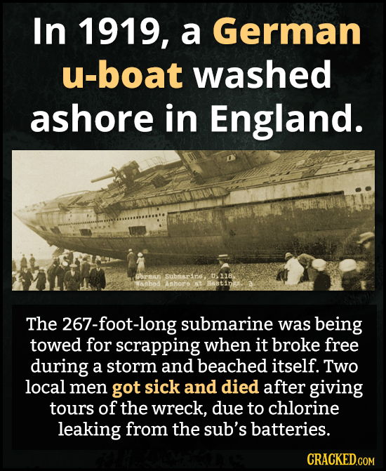 In 1919, a German u-boat washed ashore in England. German subrarind, U.118 washed Ashore Hastin The 267-foot-long submarine was being towed for scrapp