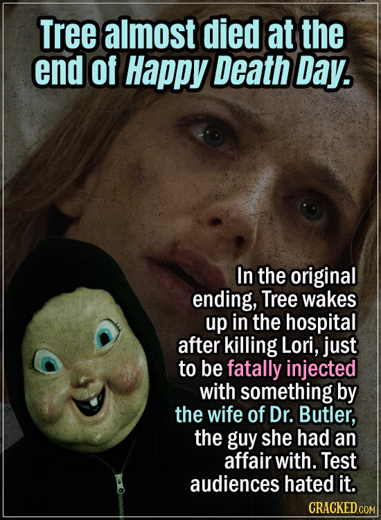 15 Early Drafts For Horror Movies That Are Totally Bonkers - Tree almost died at the end of Happy Death Day.
In the original ending, Tree wakes up in