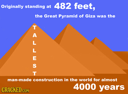 Originally standing at 482 feet, the Great Pyramid of Giza was the T S T man-made construction in the world for almost 4000 CRACKED COM years 