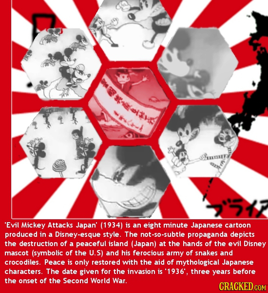 O9xEr 'Evil Mickey Attacks Japan' (1934) is an eight minute Japanese cartoon produced in a Disney-esque style. The not-so-subtle propaganda depicts th