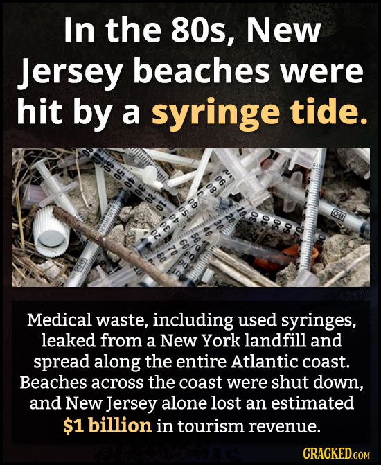 In the 80s, New Jersey beaches were hit by a syringe tide. OT 30 40 60 90 Medical waste, including used syringes, leaked from a New York landfill and