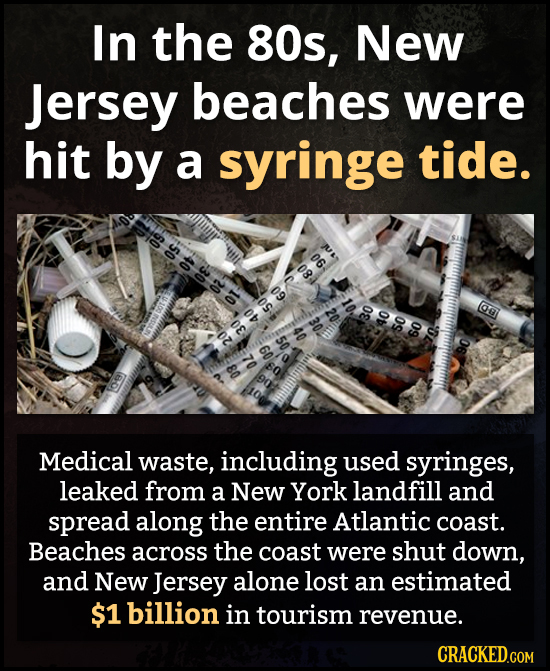 In the 80s, New Jersey beaches were hit by a syringe tide. OT 30 40 60 90 Medical waste, including used syringes, leaked from a New York landfill and 