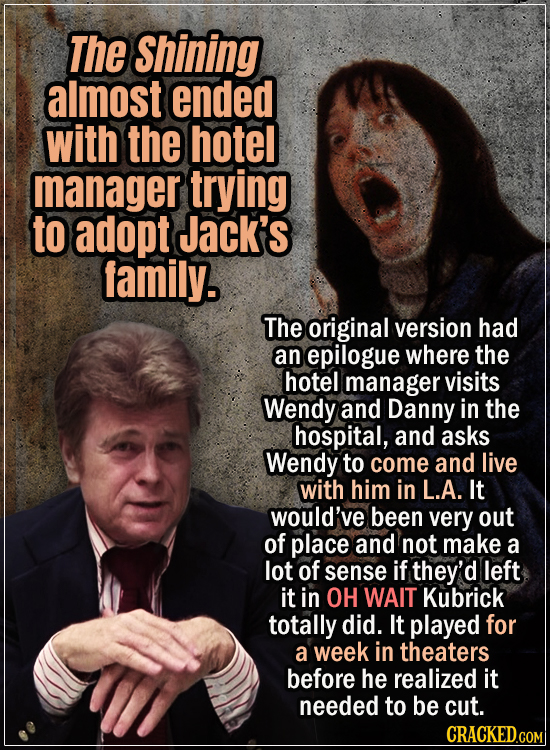 15 Early Drafts For Horror Movies That Are Totally Bonkers - The Shining almost ended with the hotel manager trying to adopt Jack’s family - The origi