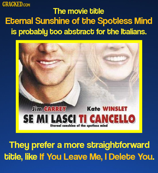 CRACKED.COM The movie title Eternal Sunshine of the Spotless Mind is probably too abstract for the ltalians. Jim CARREY Kate WINSLET SE MI LASCI TI CA