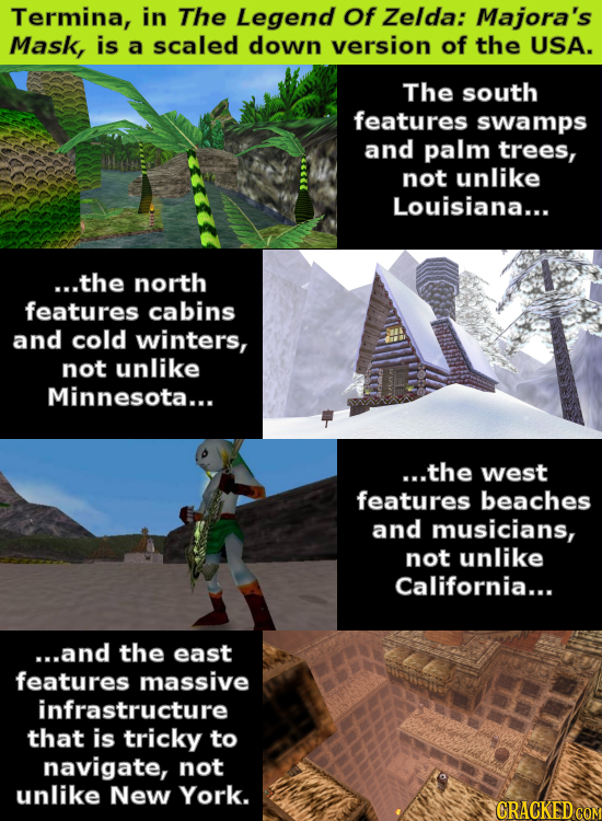 Termina, in The Legend Of Zelda: Majora's Mask, is a scaled down version of the USA. The south features swamps and palm trees, not unlike Louisiana...