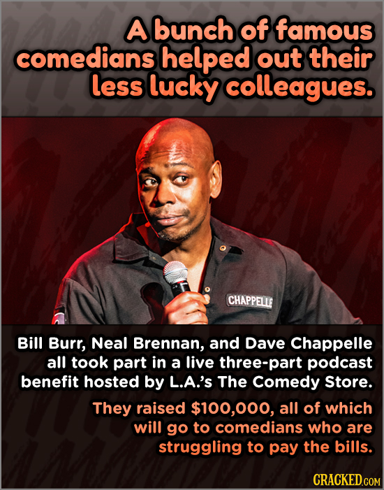 A bunch of famous comedians helped out their less lucky colleagues. CHAPPELLE Bill Burr, Neal Brennan, and Dave Chappelle all took part in a live thre