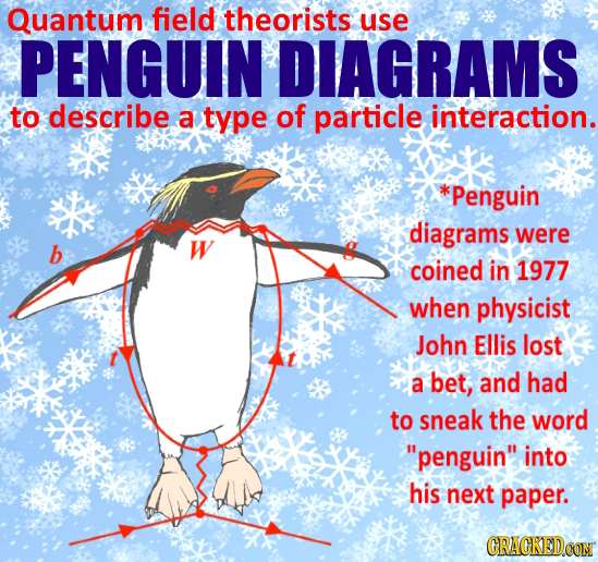 Quantum field theorists use PENGUIN DIAGRAMS to describe a type of particle interaction. *Penguin diagrams were coined in 1977 when physicist John Ell