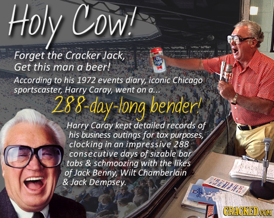 Holy Cow! Forget the Cracker Jack, Get this man a beer! According to his 1972 events diary, iconic Chicago sportscaster, Harry Caray, went on a..: 288