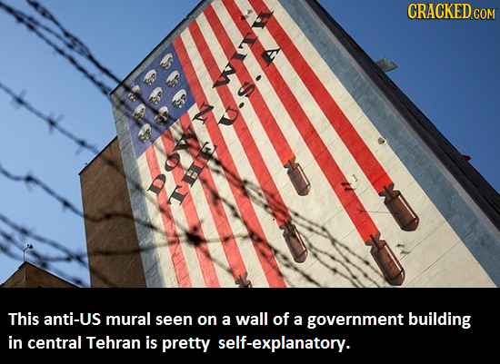 CRACKED This anti-Us mural seen on a wall of a government building in central Tehran is pretty self-explanatory.
