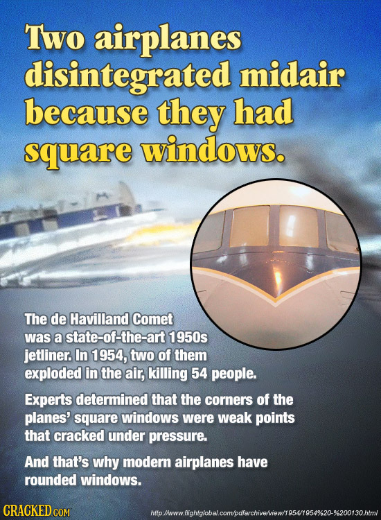 Two airplanes disintegrated midair because they had square windows. The de Havilland Comet was a state-of-the-art 1950s jetliner. In 1954, two of them