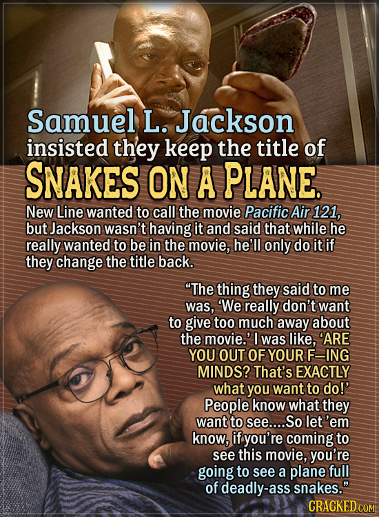 Actors Who Had To Put Their Foot Down During Filming - Samuel L. Jackson insisted they keep the title of the movie Snakes on a Plane. New Line wanted