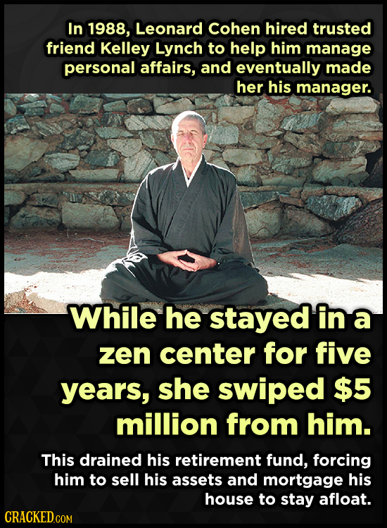 In 1988, Leonard cohen hired trusted friend Kelley Lynch to help him manage personal affairs, and eventually made her his manager. While he stayed in
