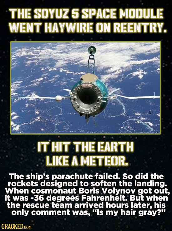 THE SOYUZ 5 SPACE MODULE WENT HAYWIRE ON REENTRY. IT HIT THE EARTH LIKE A METEOR. The ship's parachute failed. So did the rockets designed to soften t