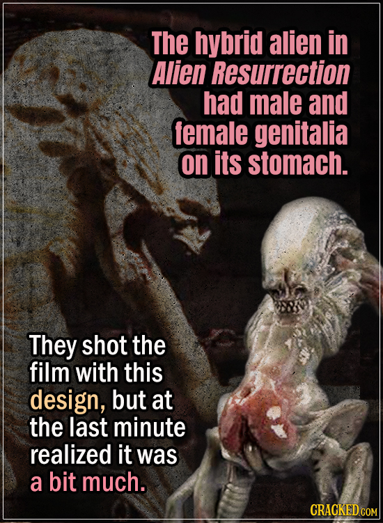 15 Early Drafts For Horror Movies That Are Totally Bonkers - The hybrid alien in Alien Resurrection almost had male and female genitalia on its stomac