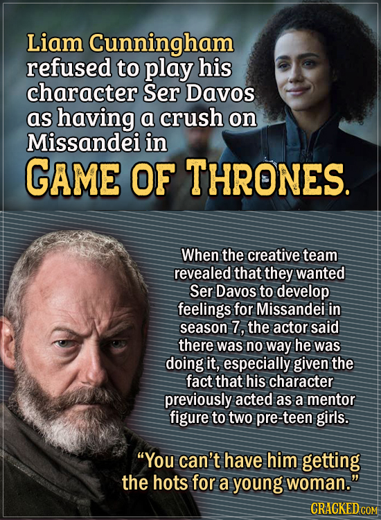 Actors Who Had To Put Their Foot Down During Filming - Liam Cunningham refused to play his character Ser Davos as having a crush on Missandei in Game