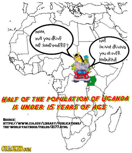 MOM. will dRivE you Nol! ME SoMEWHERE? iM Not dRiviNG you all OvER himbuktu!! HAMF OF THE POPULLATION OF UGAWIDA IS UNIDER 15 YEARRS OF AGE SOURCE: //