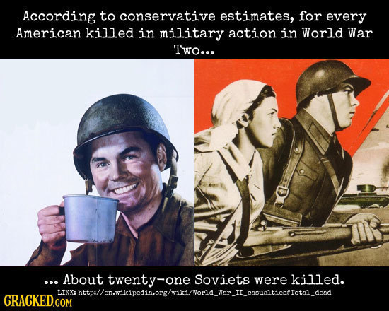 According to conservative estimates, for every American killed in military action in World War Two... .. About twenty-on one Soviets were killed. LINa