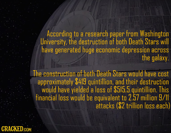 According to a research paper from Washington Lniversity. the destruction OF both Death Stars will have generated huge economic depression across the