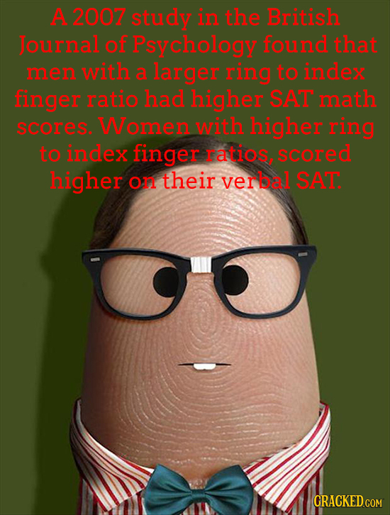 A 2007 study in the British Journal of Psychology found that men with a larger ring to index finger ratio had higher SAT math scores. Women with highe