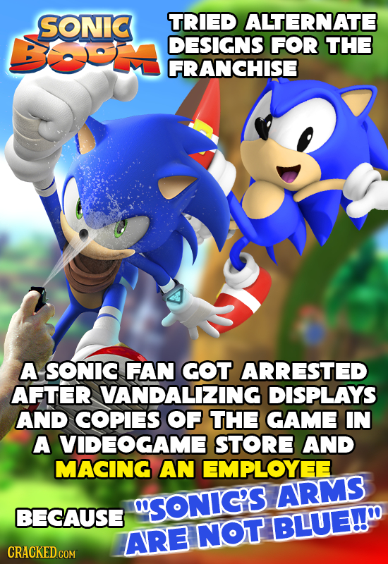SONIC TRIED ALTERNATE DESIGNS FOR THE FRANCHISE A SONIC FAN GOT ARRESTED AFTER VANDALIZING DISPLAYS AND COPIES OF THE GAME IN A VIDEOGAME STORE AND MA