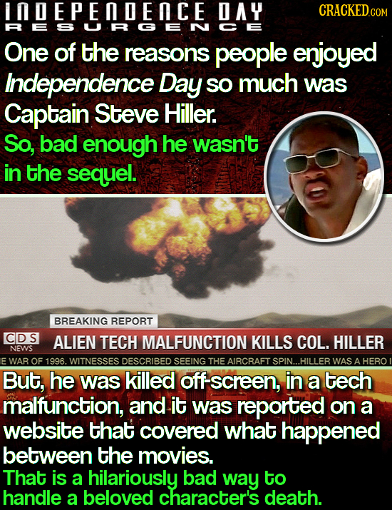 NOEPENDENCE DAY CRACKEDc COM One of the reasons people enjoyed Independence Day sO much was Captain Steve Hiller. So, bad enough he wasn't in the sequ