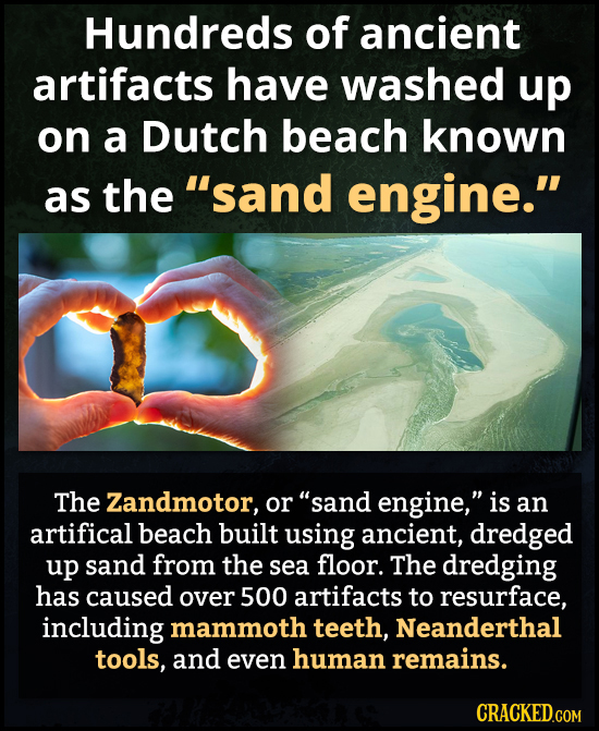 Hundreds of ancient artifacts have washed up on a Dutch beach known as the sand engine. The Zandmotor, or sand engine, is an artifical beach built