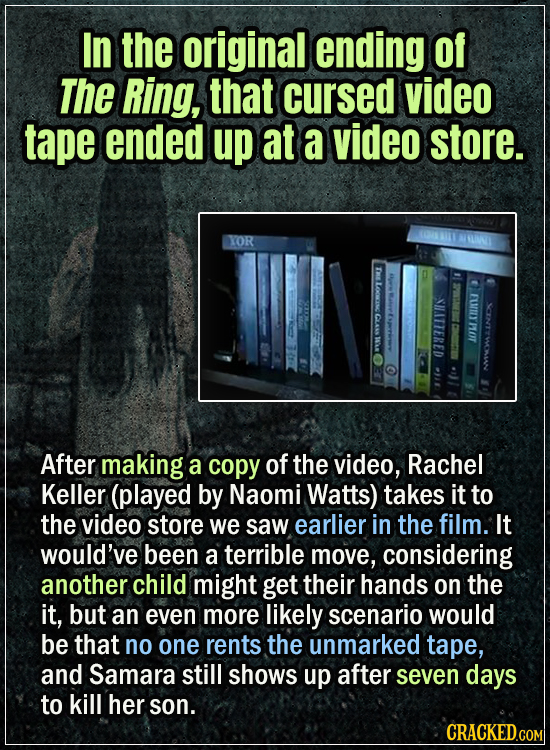 15 Early Drafts For Horror Movies That Are Totally Bonkers- In the original ending of The Ring, that cursed video tape ended up at a video store - Aft